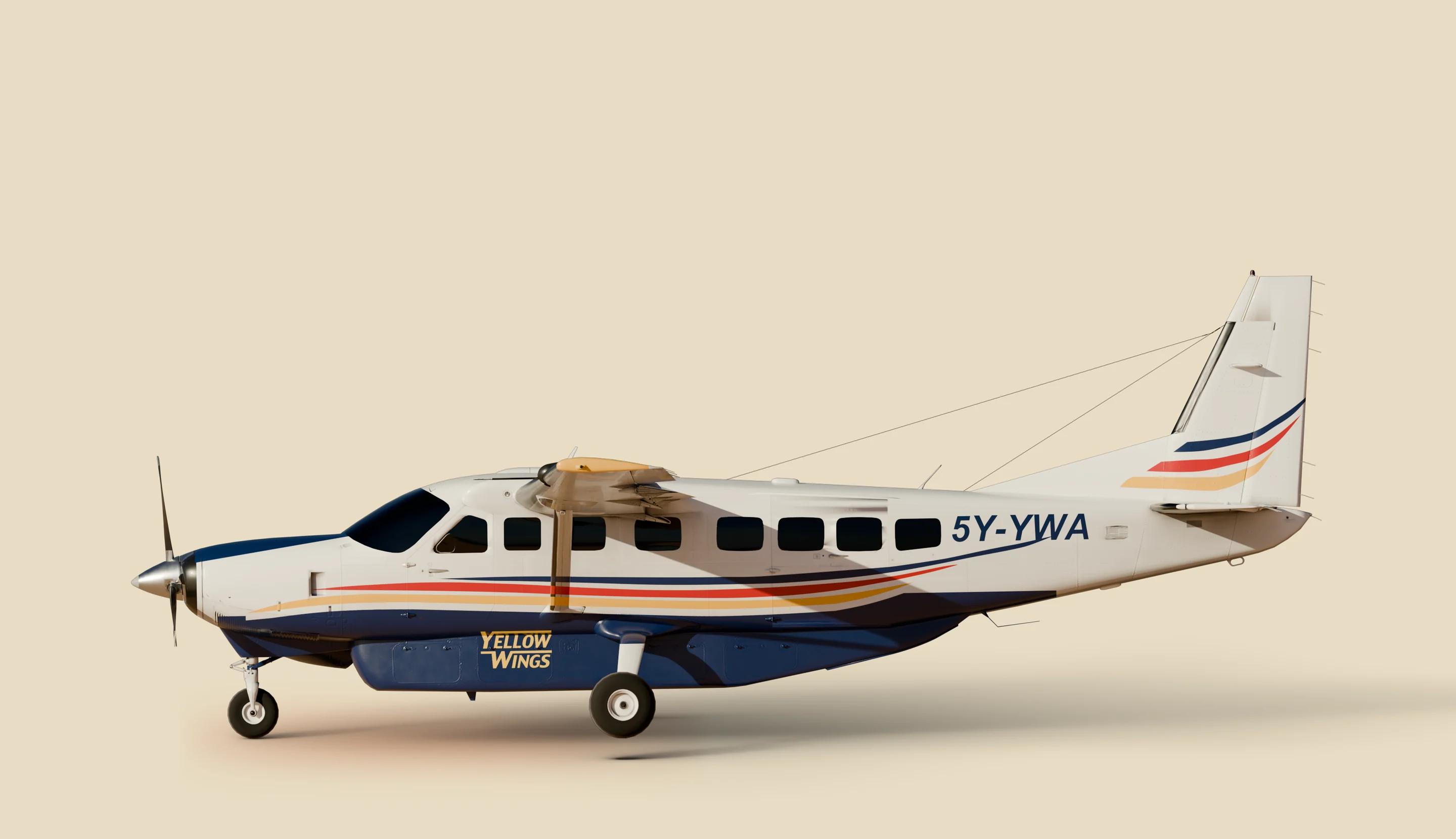 A Grand Caravan in Yellow Wings livery, seen side-on: white upper fuselage, navy belly and cargo pod, red, yellow and navy cheatlines