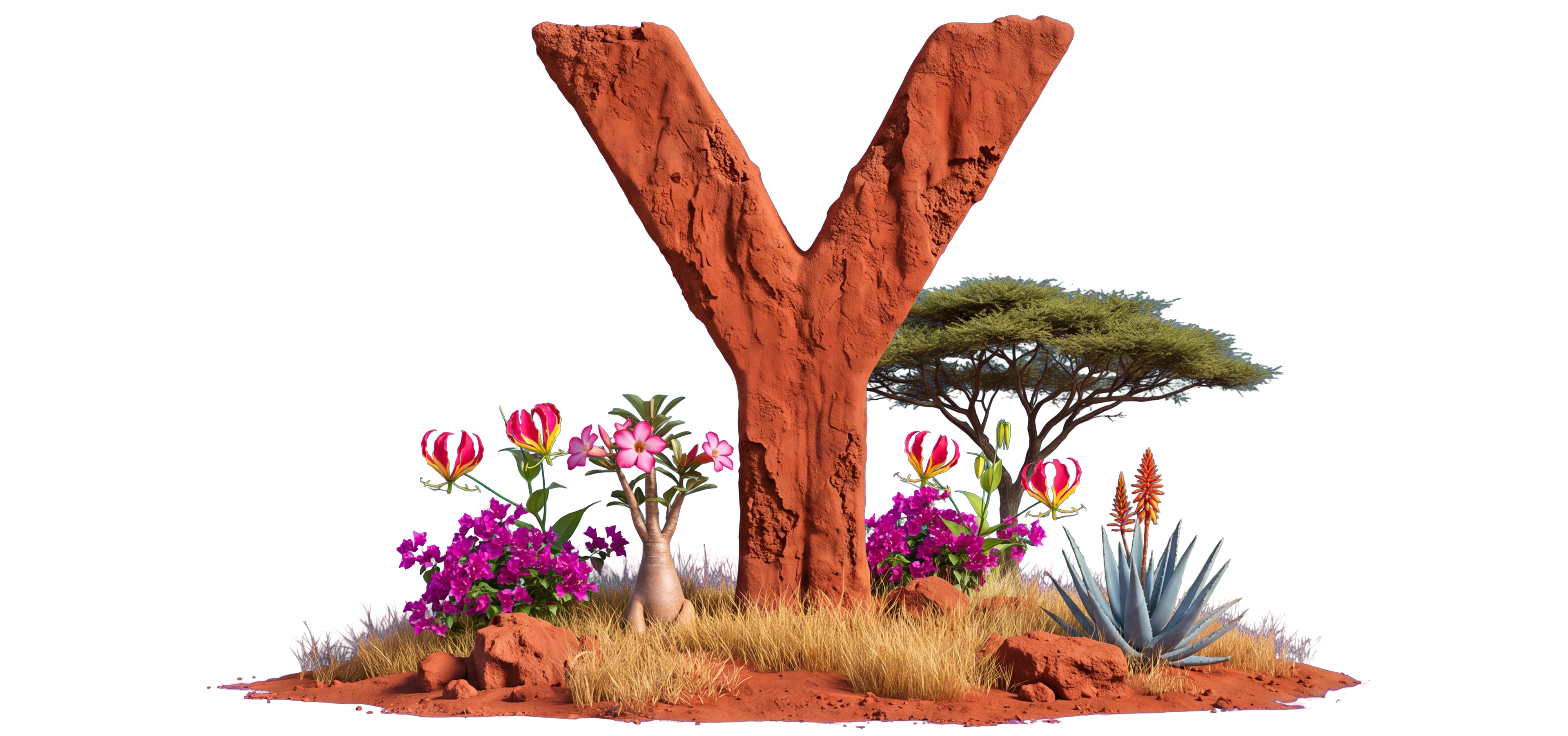 A large letter Y sculpted from red Kenyan earth on a mound of murram, with bougainvillea, desert rose, flame lilies, an aloe and dry grass, a flat-topped acacia behind (illustration).
