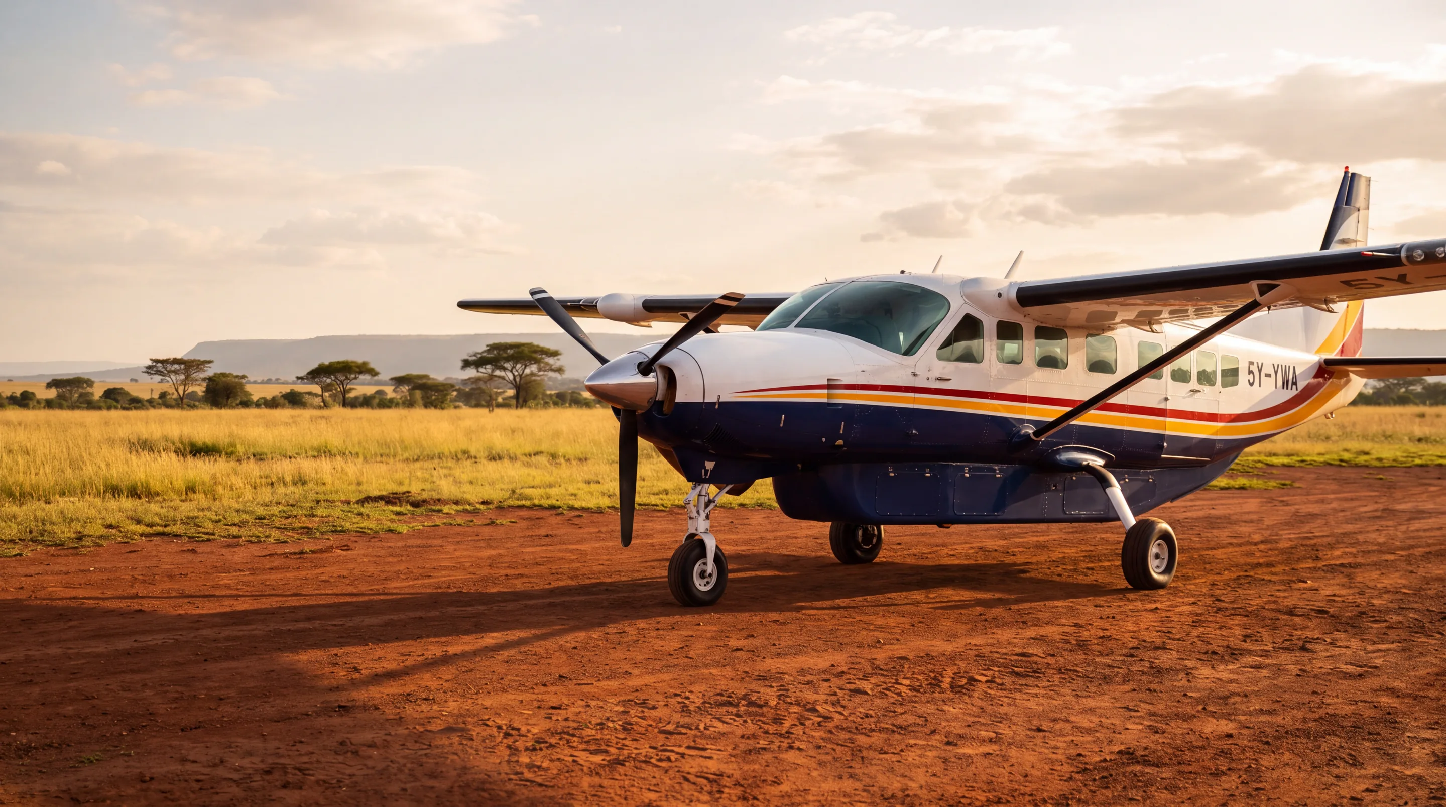 A Yellow Wings Cessna Grand Caravan, 5Y-YWA, parked on a red murram airstrip in the savannah at golden hour
